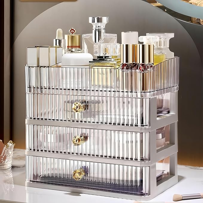 Clear Makeup Organizer with 3 Drawers, Bathroom Organizer and Storage, Ideal for Desk and Dresser Vanity Countertop, Great for Cosmetics, Skincare, Perfume,Toiletry