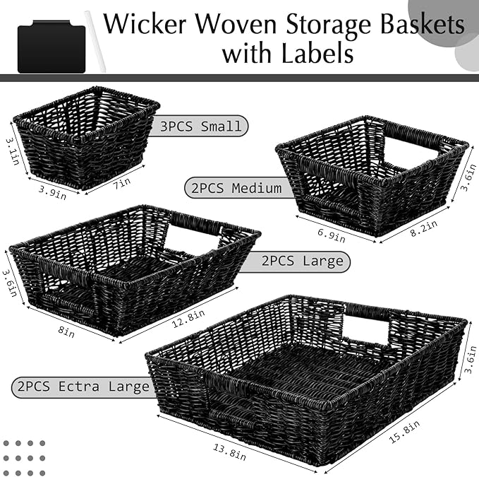 Marsui 9 Pcs Wicker Storage Baskets for Pantry Organization with Handle Labels Handwoven Multi-size Brown Small Organizer Baskets Storage Bins Container for Shelves Closet Toilet Christmas Holiday
