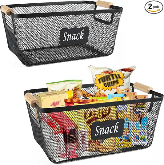 Snack Organizer for Pantry Shelf, 2 Pack Metal Mesh Snack Basket Storage with Wooden Handles, Snack Bin for Snack Bar Station, Kitchen Cabinet Pantry Organizers and Storage