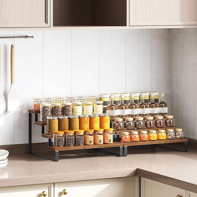 YATINEY Spice Rack, 4 Tier Wooden Display Riser Stand, Kitchen Storage Organizer for Spices, Versatile Display Shelf, Space Saving, for Kitchen Countertop and Cabinet, Rustic Brown SR04L2BR