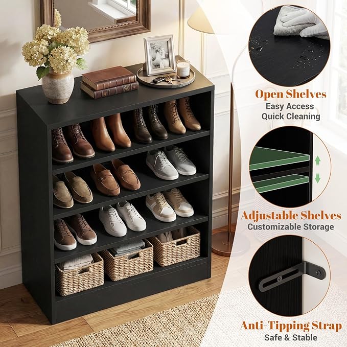 Homieasy Shoe Cabinet, 5-Tier Modern Wood Shoe Storage Organizer with 3 Adjustable Shelves for Entryway, Multi-Purpose Display Shelf & Storage Cabinet for Living Room, Bedroom, Black