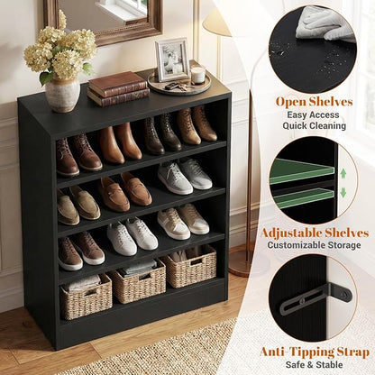 Homieasy Shoe Cabinet, 5-Tier Modern Wood Shoe Storage Organizer with 3 Adjustable Shelves for Entryway, Multi-Purpose Display Shelf & Storage Cabinet for Living Room, Bedroom, Black