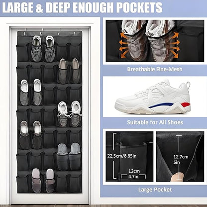 Meolsaek Over the Door Shoe Organizer with 40 Breathable Mesh Pockets, Hanging Shoe Organizer for Door with 4 Metal Hooks, Shoe Organizer for Closet, Bedroom, Bathroom, Pantry (Black, 35)