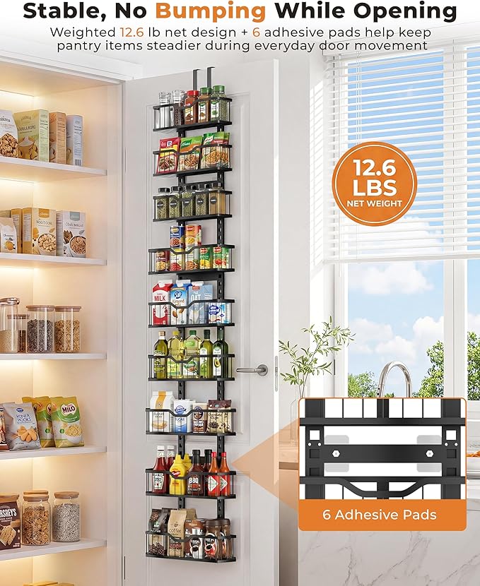 EVERIE Over the Door Pantry Organizer, 9-Tier Heavy Duty Door Storage Rack with Solid Bottom Baskets, Stable No-Bumping Design, Adjustable Hanging Shelves for Kitchen Pantry