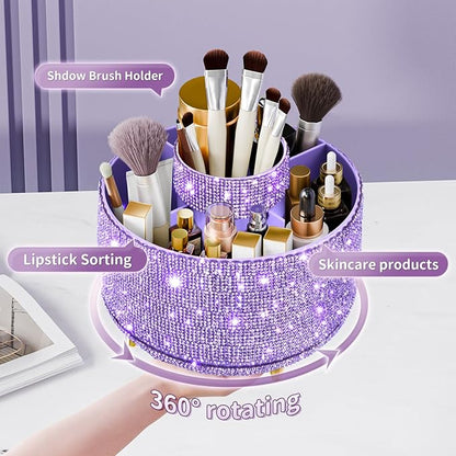 fanado Bling Diamond Makeup Brush Holder, 360° Rotating Makeup Organizer, 5 Slot Make up Brushes Cup for Countertop, Storage for Cosmetics Pen Eyeliner Skincare on the Vanity (Diamond Purple)