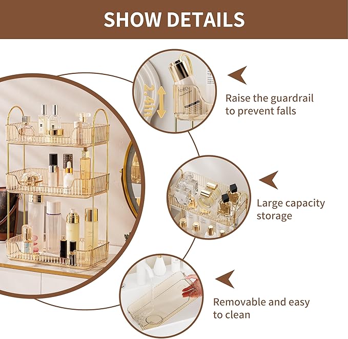 Amber 3-Tier Countertop Vanity Organizer - Skincare & Makeup Shelf for Bathroom Cosmetics, Toiletries, Lotions, Perfumes