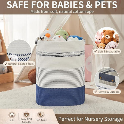 AINUOQI Large Laundry Basket - Tall Woven Rope Laundry Hamper with Leather Handles - Dirty Clothes hamper for Living room, Bedroom, 17" X 13.8" X 22", Dark Blue & White