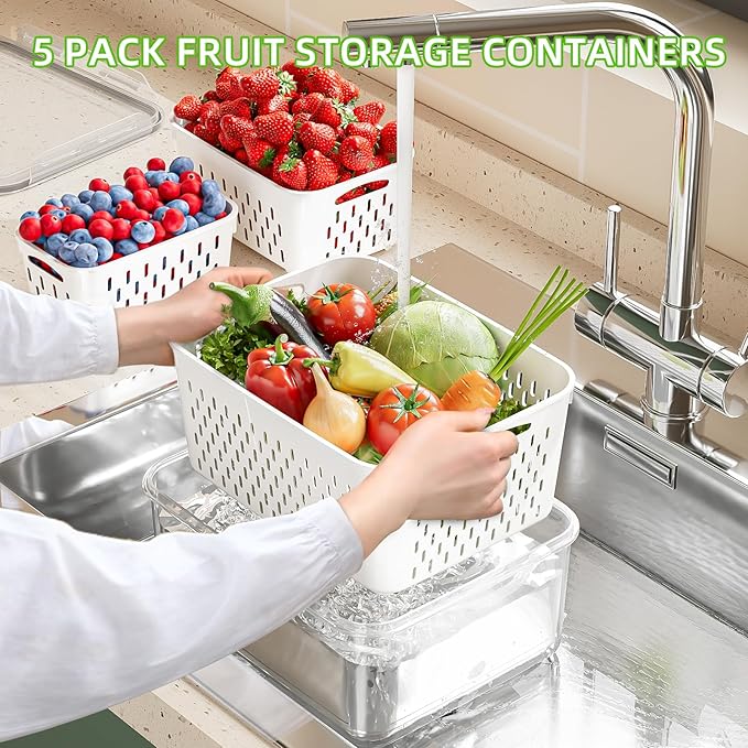 KEMETHY 5 Pack Fruit Storage Containers for Fridge with Removable Colanders - Food Storage Containers with Lids, BPA-Free Produce Containers Keep Fruits, Vegetables, Berry, Meat Fresh Longer