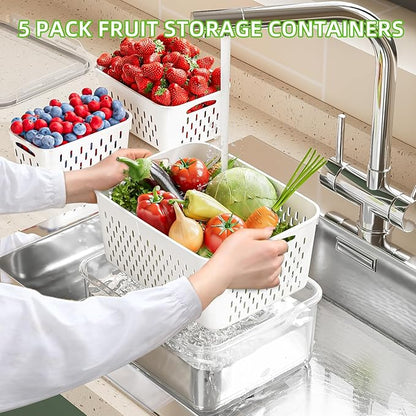 KEMETHY 5 Pack Fruit Storage Containers for Fridge with Removable Colanders - Food Storage Containers with Lids, BPA-Free Produce Containers Keep Fruits, Vegetables, Berry, Meat Fresh Longer