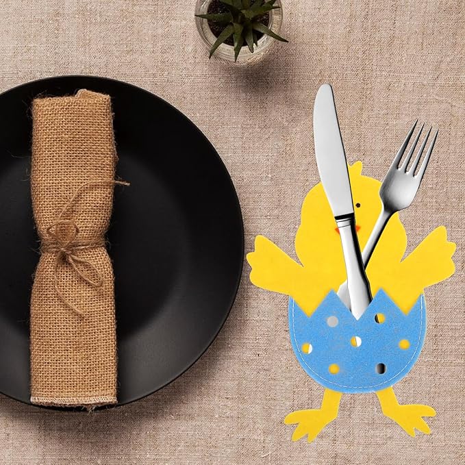 8 Pcs Easter Chick Cutlery Holders, 4 Assorted Colors Felt Tableware Pockets, Cute Chick Eggshell Silverware Pouches for Spring Party Table Decorations, Easter Brunch & Outdoor Picnic Decor