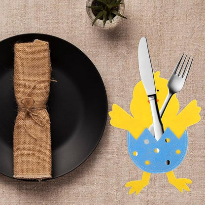 8 Pcs Easter Chick Cutlery Holders, 4 Assorted Colors Felt Tableware Pockets, Cute Chick Eggshell Silverware Pouches for Spring Party Table Decorations, Easter Brunch & Outdoor Picnic Decor