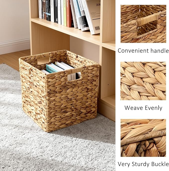 12x12in Storage Baskets,Set of 4 Water Hyacinth Baskets,Wicker Cube Baskets Laundry Organizer,Foldable Handwoven Storage Cubes,for Cube Shelf,Collapsible Laundry Baskets Pantry,Living Room,Bedroom