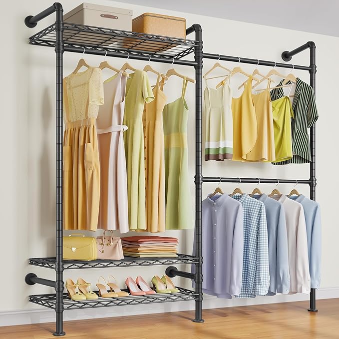 Timate F2 Industrial Pipe Clothes Rack Wall Mounted Clothing Rack for Hanging Clothes, Expandable Garment Racks Heavy Duty Wardrobe Closet Organizer and Storage, Black Adjustable Industrial Closet Kit