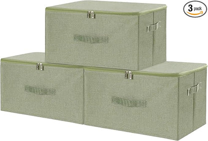 ANMINY 3PCS Storage Bins with Zipper Lids 36 Qt Lidded Fabric Storage Boxes Baskets Cubes with Handles Collapsible Washable Cotton Linen Closet Shelf Clothes Organizer Containers - Green, Large