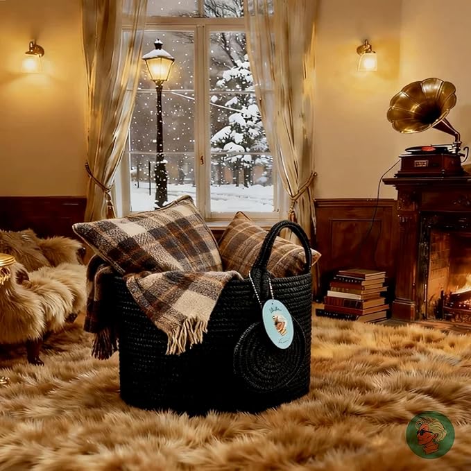 Modern Granny Small Cotton Rope Laundry Basket 16x10 Inch Dual Secure Woven Handle for Living Room Closet Clothes Blanket Organization