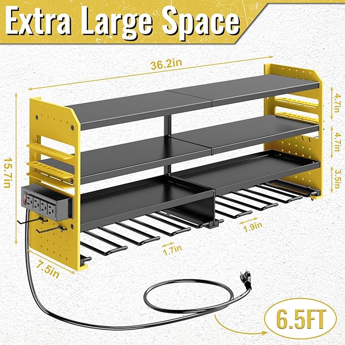 Power Tool Organizer Wall Mount with Charging Station,4 Layer Heavy Duty Metal Storage Rack with 8 Cordless Drill Holder,Battery Utility Rack Gift for Garage workshops Room(Yellow)