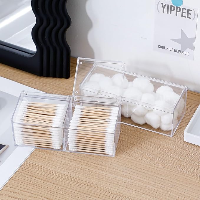 2 Pack Qtip Holder Dispenser with Lid , Plastic Bathroom Vanity Canister for Counter, Drawer and Cabinet Use, Cotton Balls, Makeup Pads, Floss Picks, Clear Desk Container