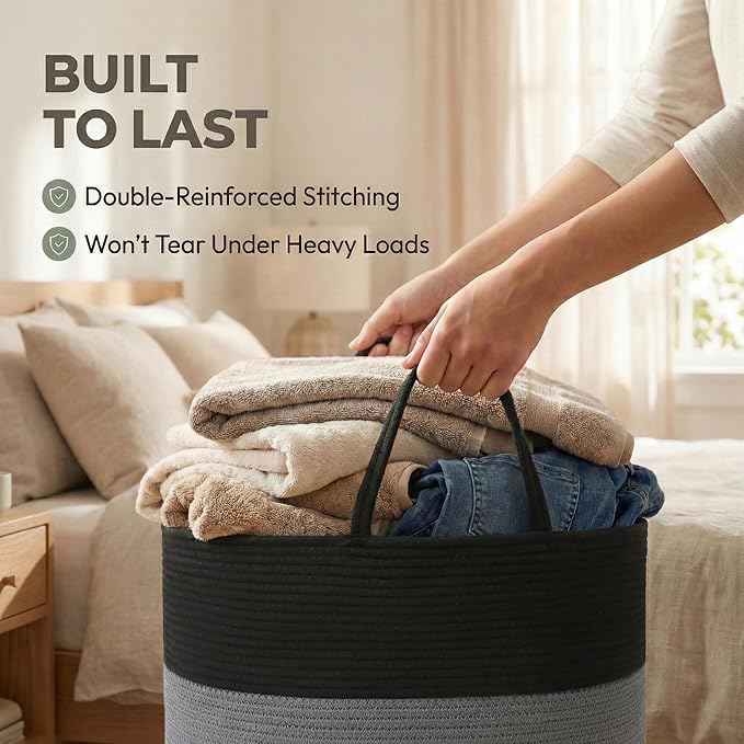 JMvicyroam 115L Extra Large Blanket Basket for Living Room - Woven Cotton Rope Laundry Hamper with Reinforced Handles - Storage Bin for Pillows, Comforters & Toys - Machine Washable, Black&Grey