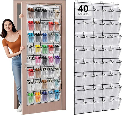 40 Large Mesh Pocket Over the Door Shoe Organizer,Hanging Shoe Rack for Door,Hualleko Shoes Organizer Hanger with Large Capacity, Shoes Storage Holder Sturdy Non-woven Fabric - Stores 20 Pairs (White)