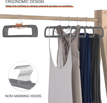 Gray Velvet Hangers 20 Pack, Slim Space Saving Pants Hangers for Closet Organizer, Rotating Hook, Non Slip Clothes Felt Hanger Heavy Duty for Tank Top, Jean Perchas, Camisole, Kids' Clothes