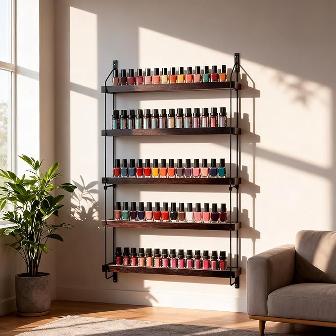 THYGIFTREE Essential Oil Storage Shelf Wall Mounted 16.9" Wooden Essential Oil Collection Display Rack Organizer 5 Tiers Holds 75 Bottles, Nail Polish Holder Paint Organizer