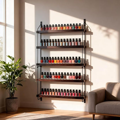 THYGIFTREE Essential Oil Storage Shelf Wall Mounted 16.9" Wooden Essential Oil Collection Display Rack Organizer 5 Tiers Holds 75 Bottles, Nail Polish Holder Paint Organizer