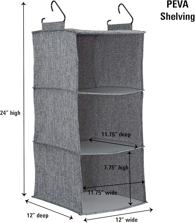 Household Essentials 3 Shelf Hanging Closet Organizer, Hanging Shelf with Hooks, Poly Linen and PEVA Shelving