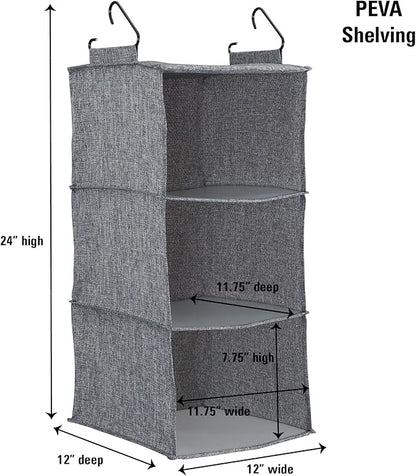 Household Essentials 3 Shelf Hanging Closet Organizer, Hanging Shelf with Hooks, Poly Linen and PEVA Shelving