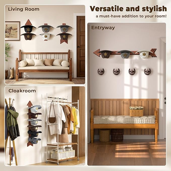 Cowboy Hat Holder for Wall 6 Pieces Arrow Solid Wood with Metal Western Hat Rack Wall Decor Hat Organizer Hanger Storage for Entryway Closet Living Room Bedroom Cherry Brown
