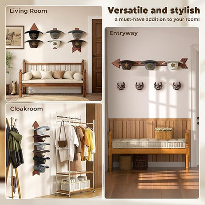 Cowboy Hat Holder for Wall 6 Pieces Arrow Solid Wood with Metal Western Hat Rack Wall Decor Hat Organizer Hanger Storage for Entryway Closet Living Room Bedroom Cherry Brown