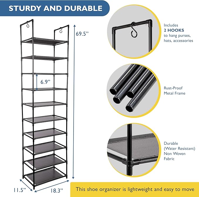 Sundaze Shoe Rack - 10 Tier Tall Shoe Rack for Closet, Sturdy Stackable Shoe Organizer for Closet, Bedroom, Entryway, Garage, Non Woven Fabric Shelf, Black, Holds 20-30 Pairs