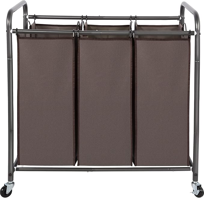 STO STO Laundry Sorter 3 Section, 3 Bag Clothes Hamper, Rolling Laundry Cart Basket with Heavy Duty Lockable Wheels and Removable Bag for Laundry Room, Bedroom, Closet, Brown