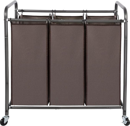 STO STO Laundry Sorter 3 Section, 3 Bag Clothes Hamper, Rolling Laundry Cart Basket with Heavy Duty Lockable Wheels and Removable Bag for Laundry Room, Bedroom, Closet, Brown