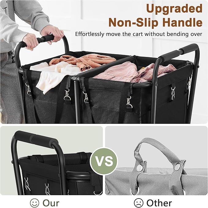 Hoctieon 2 Section Laundry Sorter Cart, 300L Rolling Hamper with Wheels, Industrial Laundry Basket Organizer, Large Dirty Clothes Hamper for Home & Hotel, Heavy Duty, Black