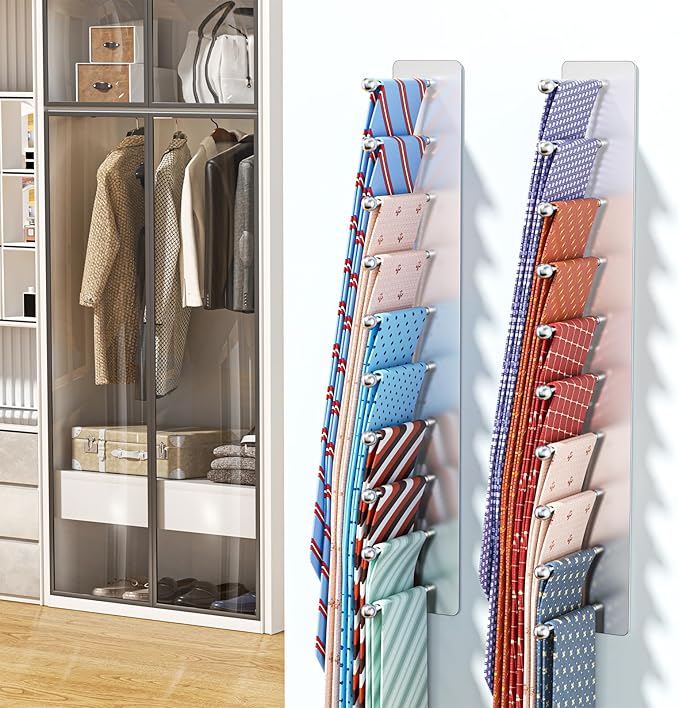 Tie Rack Wall Mounted, Tie Holder Organizer, Closet Ties Organizer Stainless Steels, Adhesive Ties Racks for Men With 20 Hooks, Hanger Storage for Wall Bedroom Living Room Dresser Room (Sliver)