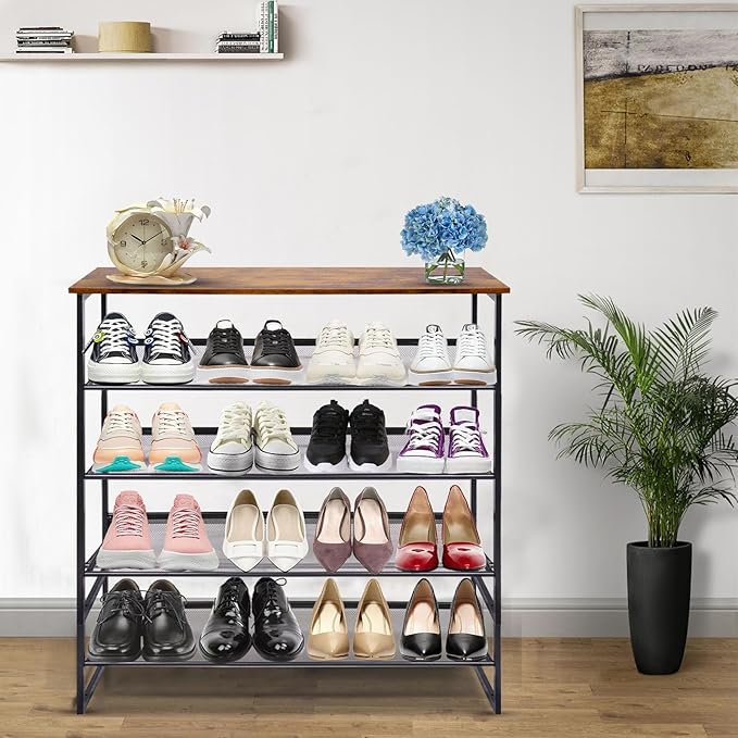 Garden 4 you Shoe Rack for Entryway 5 Tiers 11.8" D x 29" W x 36.5" H, Metal Shoe Rocks with Brown Wooden Tabletop, Angled Shoes Rack with Adjustable Mesh Shelves for Entryway Hallway Closet