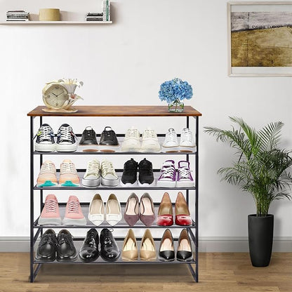 Garden 4 you Shoe Rack for Entryway 5 Tiers 11.8" D x 29" W x 36.5" H, Metal Shoe Rocks with Brown Wooden Tabletop, Angled Shoes Rack with Adjustable Mesh Shelves for Entryway Hallway Closet