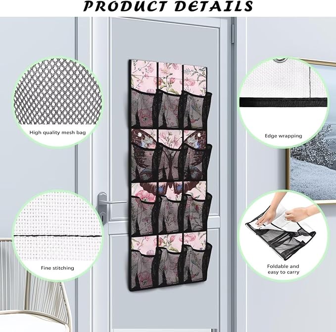 12-Pocket Foldable Door Hanging Organizer, Oxford Cloth Waterproof and Ideal for Bathroom Closet or Kitchen Storage Needs, Pink Black Butterfly and Flowers