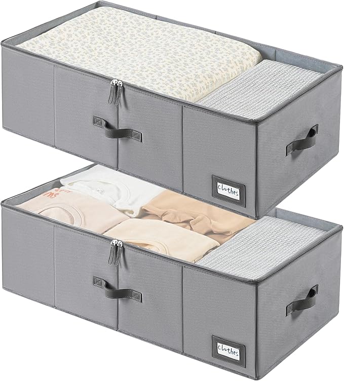 Freebat 10" High Under Bed Storage Containers, Underbed Container with Clear Lid Cover & Label Holder, Storage Bag Box with Visiable Window for Clothes, Bedsheet, Pillow, 2 Pack(Gray)