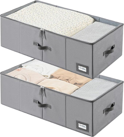Freebat 10" High Under Bed Storage Containers, Underbed Container with Clear Lid Cover & Label Holder, Storage Bag Box with Visiable Window for Clothes, Bedsheet, Pillow, 2 Pack(Gray)