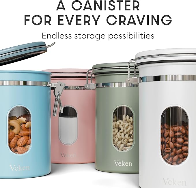 Veken Coffee Canister with Window, Airtight Stainless Steel Kitchen Food Storage Container with Lids, Date Tracker and Scoop for Grounds Coffee, Beans, Tea, Flour, Cereal, Sugar Jars, 22OZ, Blue