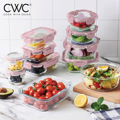 COOK WITH COLOR Premium 32-Pc. Borosilicate Glass Food Container Set with Dividers - 4 Rectangles, 8 Rounds, 4 Squares - Leakproof Lids - Meal Prep, Storage, Pink