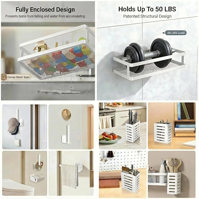 PUSDON 5-in-1 Shower Caddy & Kitchen Organizer Set, Wall Mount Wide Spice Rack with Paper Towel Holder, Utensil Holder, Soap Dish, Rustproof Mesh Baskets Hold 50LBS - Silver Gray, Guardrail