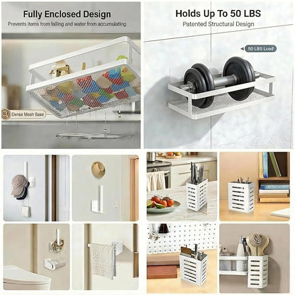 PUSDON 5-in-1 Shower Caddy & Kitchen Organizer Set, Wall Mount Wide Spice Rack with Paper Towel Holder, Utensil Holder, Soap Dish, Rustproof Mesh Baskets Hold 50LBS - Silver Gray, Guardrail