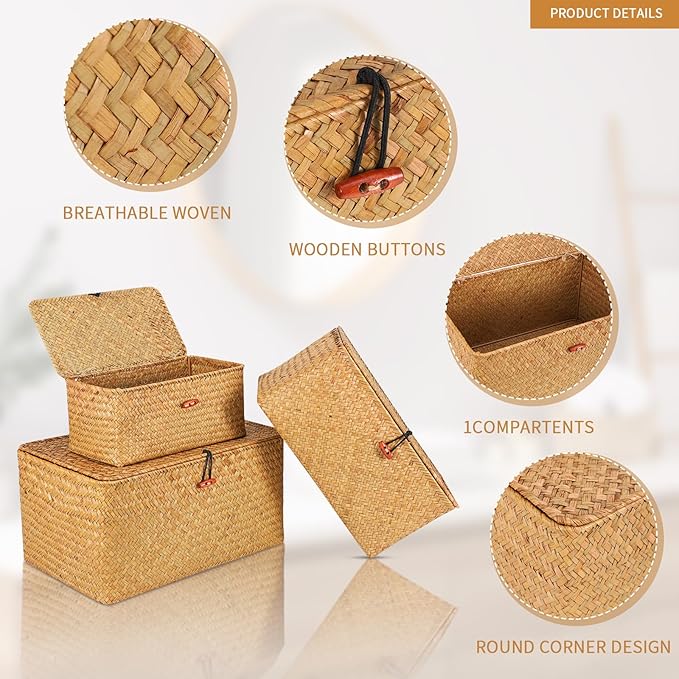 FEILANDUO Wicker Shelf Basket with Lids, Seagrass Storage Baskets Bins Rectangular Woven Baskets Boxes for Organizing Multipurpose Container Boho Home Decor Set of 3