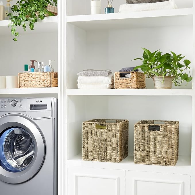 Vagusicc Wicker Storage Basket, Set of 2 Seagrass Storage Baskets, Foldable Wicker Basket 9 Inch Square Cube Storage Bins Storage Baskets for Organizing Shelf Baskets, 9''x9''x9''