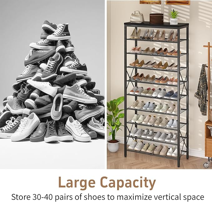 10-Tier Shoe Rack Organizer, Large Shoe Shelf with Metal Shelves, X Frames, Adjustable Shelves, Holds 40 Pairs, Black
