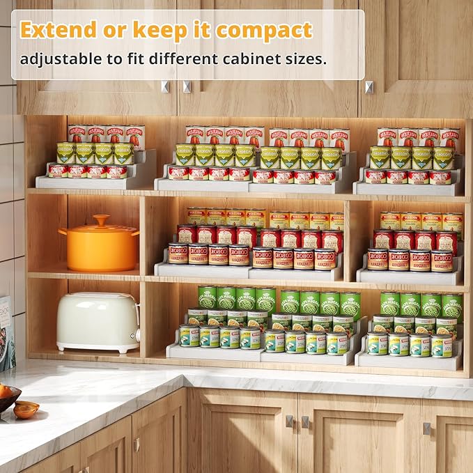 Expandable Bamboo Can Rack Organizer for Pantry, 3-Tier Adjustable Can Storage for Kitchen Cabinets, Soda & Canned Goods Holder for Pantry Organization, Holds Up to 24 Cans, White (Patent Pending)