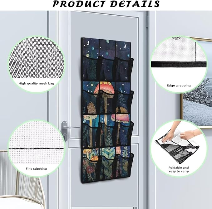 Mushroom Shoe Organizer Over The Door for BedRoom Over 12 Pockets The Door Hanging Organizer Space Saving Back Door Storage Organizer with Hook Design Shoe Holder Hanger