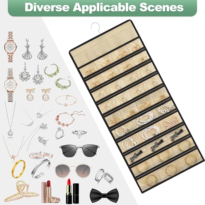 Hanging Jewelry Organizer – Jewelry Holder for Earrings, Necklaces, Rings – Closet Hanging Organizer & Travel hanging Jewelry Organizers for Women, Wall or Door Use, Day Gifts (Beige)